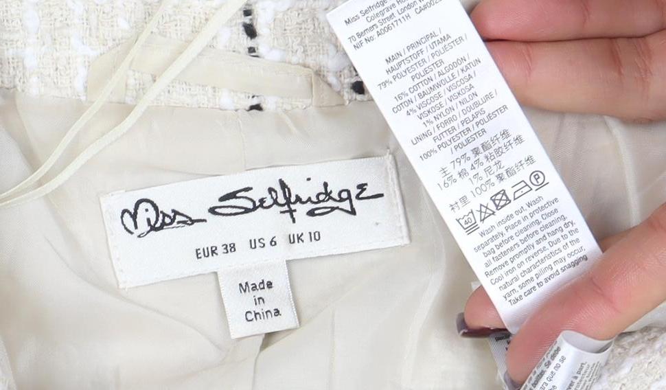 Brand and care label for Miss Selfridge Women's Beige Black Check Tweed Double-Breasted Blazer UK 10