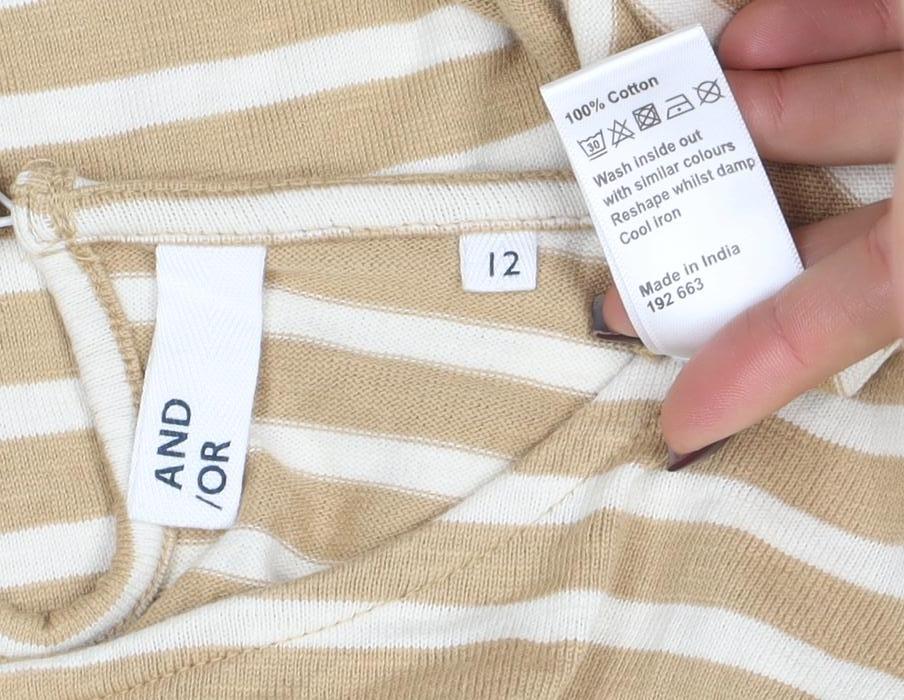 Brand and care label for AND/OR Women’s Beige Striped Long Sleeve Cotton T-Shirt, size UK 12