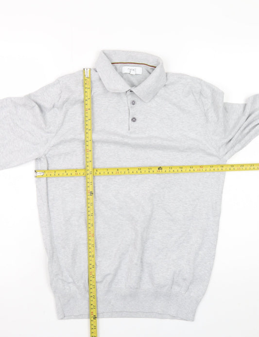 Next Mens Grey Long Sleeve Cotton Knit Polo Shirt Size M