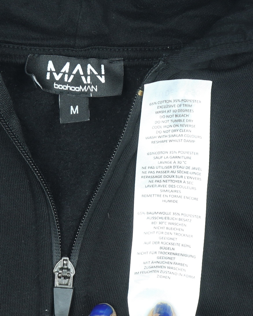 Brand and care label for boohooMAN Men's Black Full Zip Hoodie, size M, with Red Stripe Detail