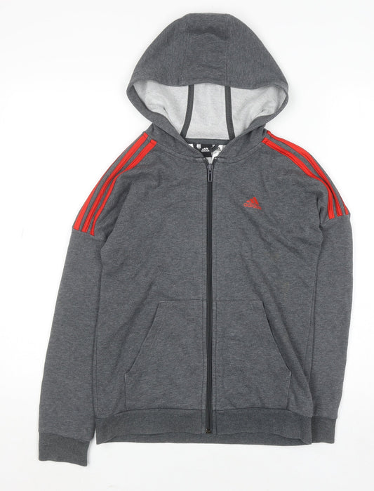 Adidas Boys Grey Full Zip Hoodie 11-12 Years Cotton Blend Red Stripes