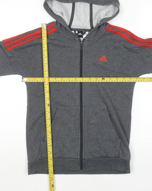 Adidas Boys Grey Full Zip Hoodie 11-12 Years Cotton Blend Red Stripes