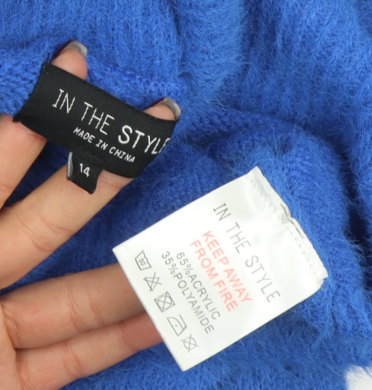 Brand and care label for In The Style Women’s Blue Roll Neck Knit Jumper Dress, size UK 14