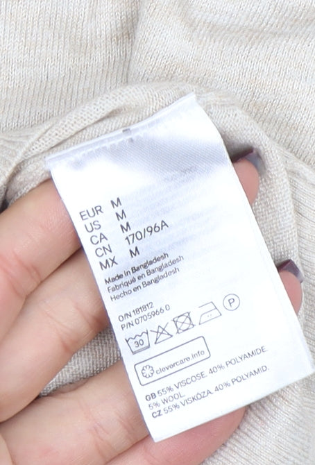 H&M Women's Beige Mock Neck Button Detail Knit Jumper Size M