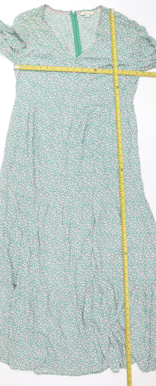 Boden Women Green Floral A-Line Midi Dress Size 8 Viscose 3/4 Sleeve