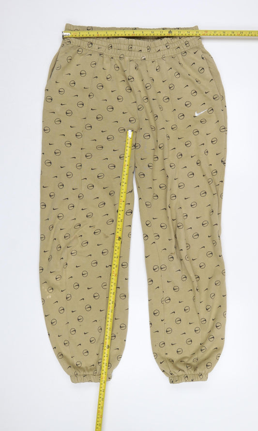 Nike Men's Beige Logo Print Jogger Trousers Size M Relaxed Fit