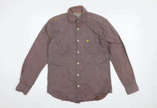 Lee Cooper Men's Brown Striped Cotton Long Sleeve Button-Up Shirt Size S