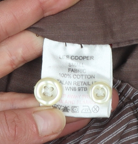 Brand and care label for Lee Cooper Men's Brown Striped Cotton Long Sleeve Button-Up Shirt, size S
