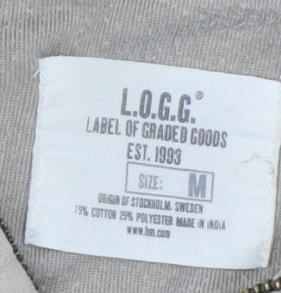 Brand and care label for L.O.G.G. women’s beige full zip velour jacket, size M