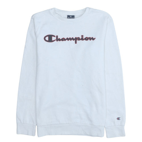 Additional front view of Champion boys’ white fleece pullover sweatshirt xl 13-14y logo print crew neck