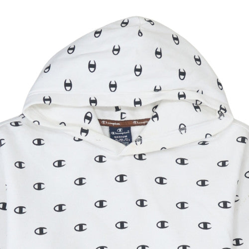Champion Men's White Pullover Hoodie Medium Logo Print Cotton Blend
