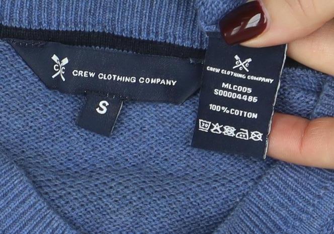 Brand and care label for Crew Clothing Men's Blue Cotton Jumper, size S
