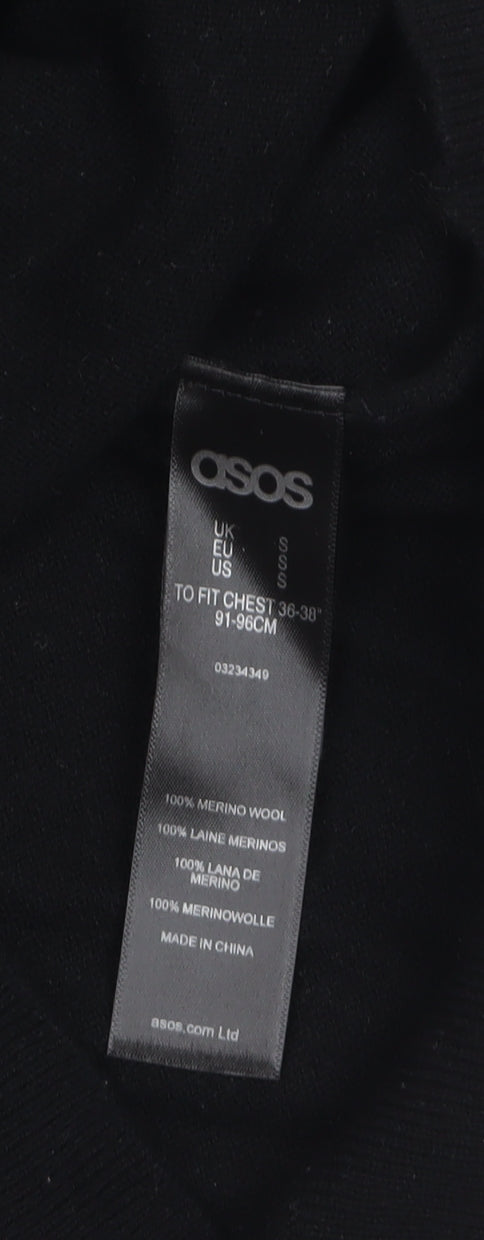 Brand and care label for ASOS Women Black Merino Wool Mock Neck Zip jumper S