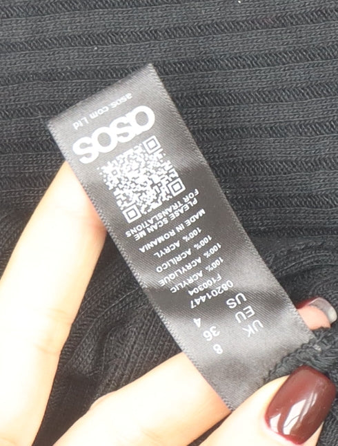 Brand and care label for ASOS Women’s Black High Neck Acrylic jumper, size UK 8
