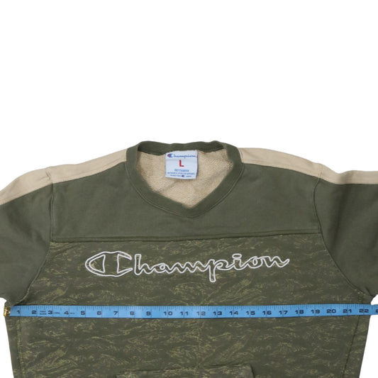 Champion Women’s Green Beige Pullover Sweatshirt L Logo Print Cotton