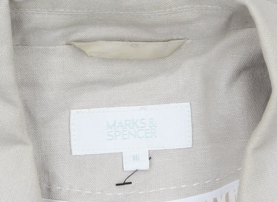 Marks and Spencer Women Beige Linen Blend Blazer Size 16 Single-Breasted
