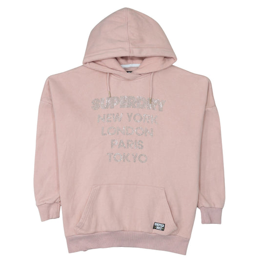 Superdry Womens Pink Pullover Hoodie Size S Rhinestone Logo Cotton Blend