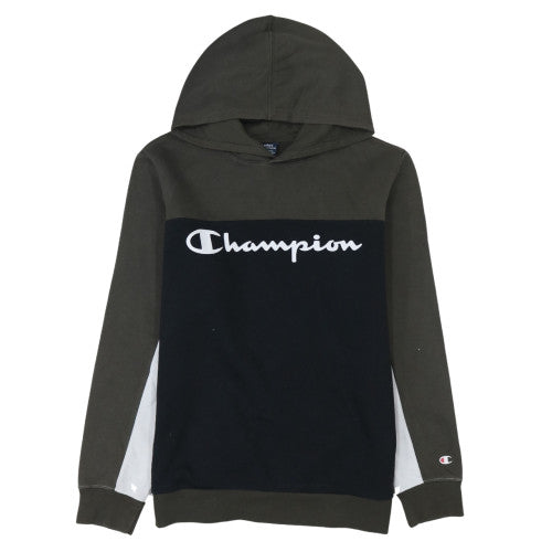 Additional front view of Champion boys’ black pullover hoodie 13-14 years logo colourblock sweatshirt