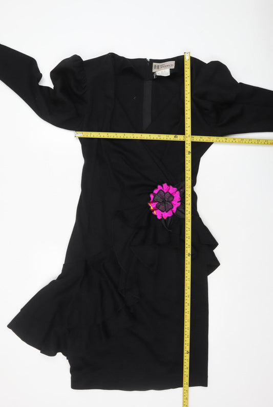 Helen Anderson Women’s Black Wool Wrap Dress Size 12 Long Sleeve Flower Detail
