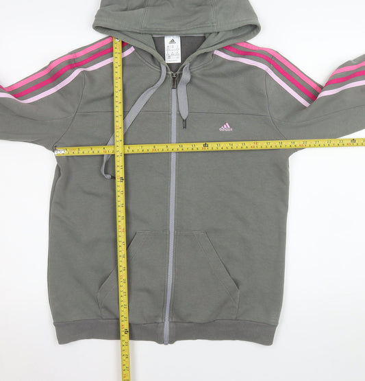 Adidas Girls Grey Hooded Track Jacket M 12-14 Years Full Zip Striped