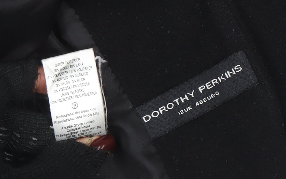 Brand and care label for Dorothy Perkins Women's Black Wool Blazer, size 12, Classic Lined Smart Jacket