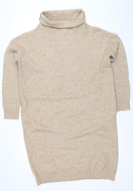 Superdry Women Beige Wool Blend Roll Neck Knit Sweater Dress UK 8