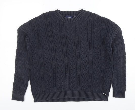 Superdry Womens Blue Cable Knit Crew Neck Cotton Jumper Size 8