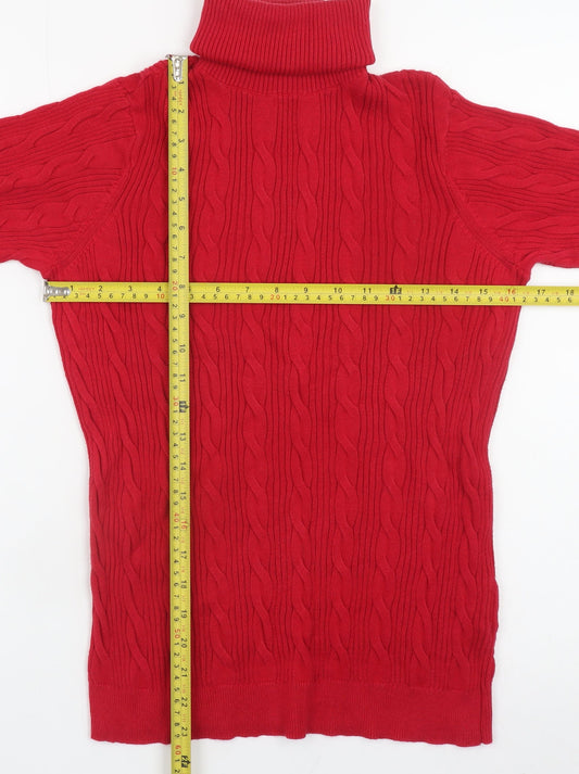Lands' End Women's Red Roll Neck Cable-Knit Cotton Jumper Size M