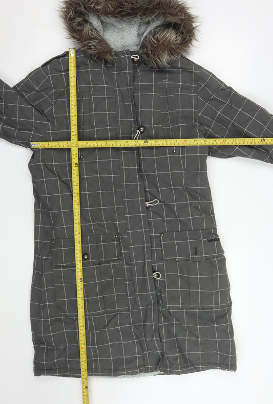 Billabong Womens Grey Checked Faux Fur Hooded Long Parka Coat L