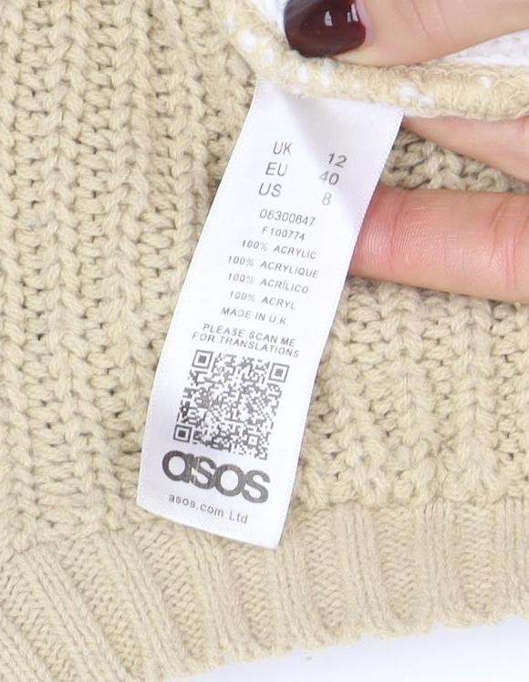 Brand and care label for ASOS Women Beige Colour Block Chunky Knit jumper, size 12