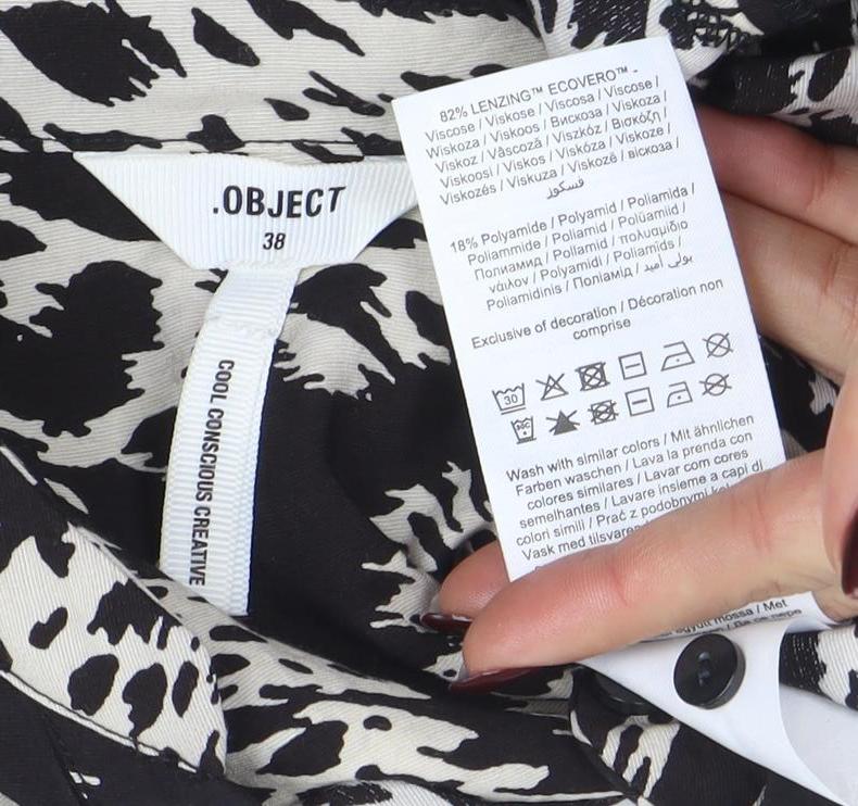 Brand and care label for Object Women’s Black Animal Print Button Shirt Dress, size UK 10