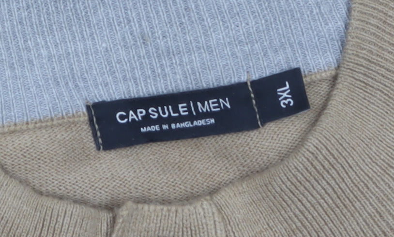 Capsule Men Beige 3XL Henley Knit Jumper Mock Neck Acrylic