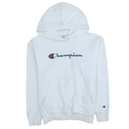 Champion Mens White Pullover Hoodie Medium Logo Sports Fleece