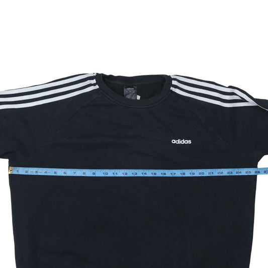 Adidas Women Black L Crew Neck Pullover Sweatshirt with Logo Stripes