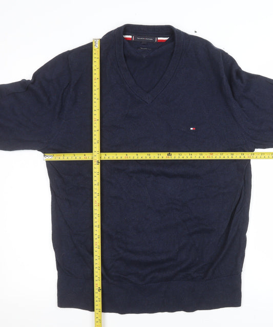 Tommy Hilfiger Men's Blue Cotton Cashmere V-Neck Jumper L