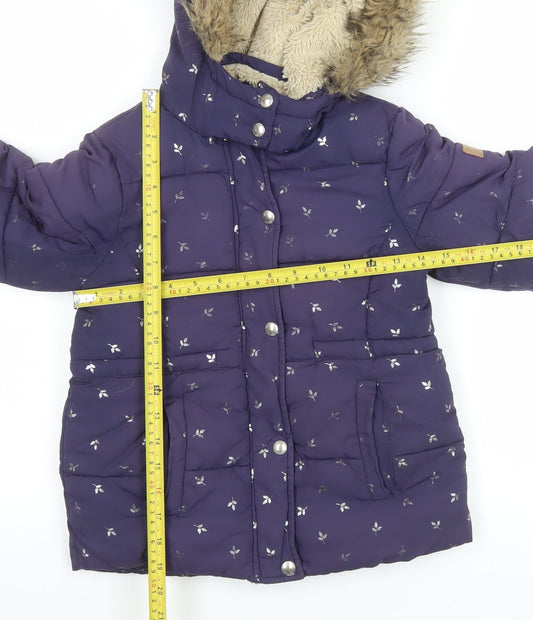 Joules Girls Purple Floral Puffer Jacket 7-8 Years Hooded Winter Coat