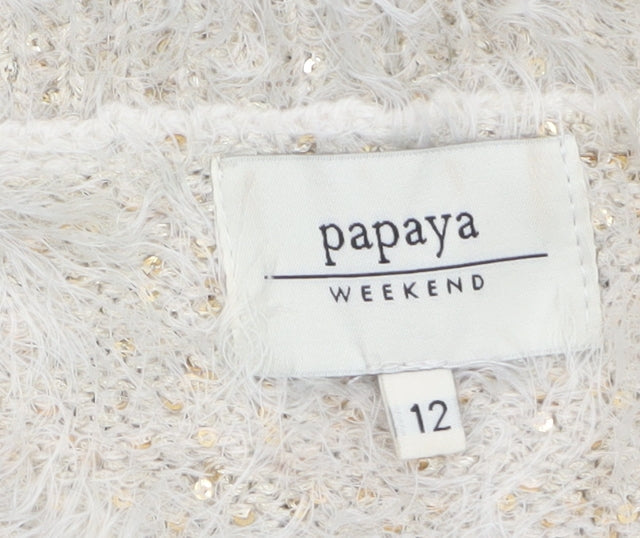 Papaya Women’s Grey Cream Sequin Fuzzy Knit Jumper Size 12