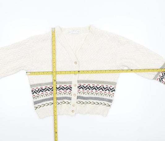 Marks and Spencer Women Ivory Fair Isle V-Neck Cardigan Size 12-14