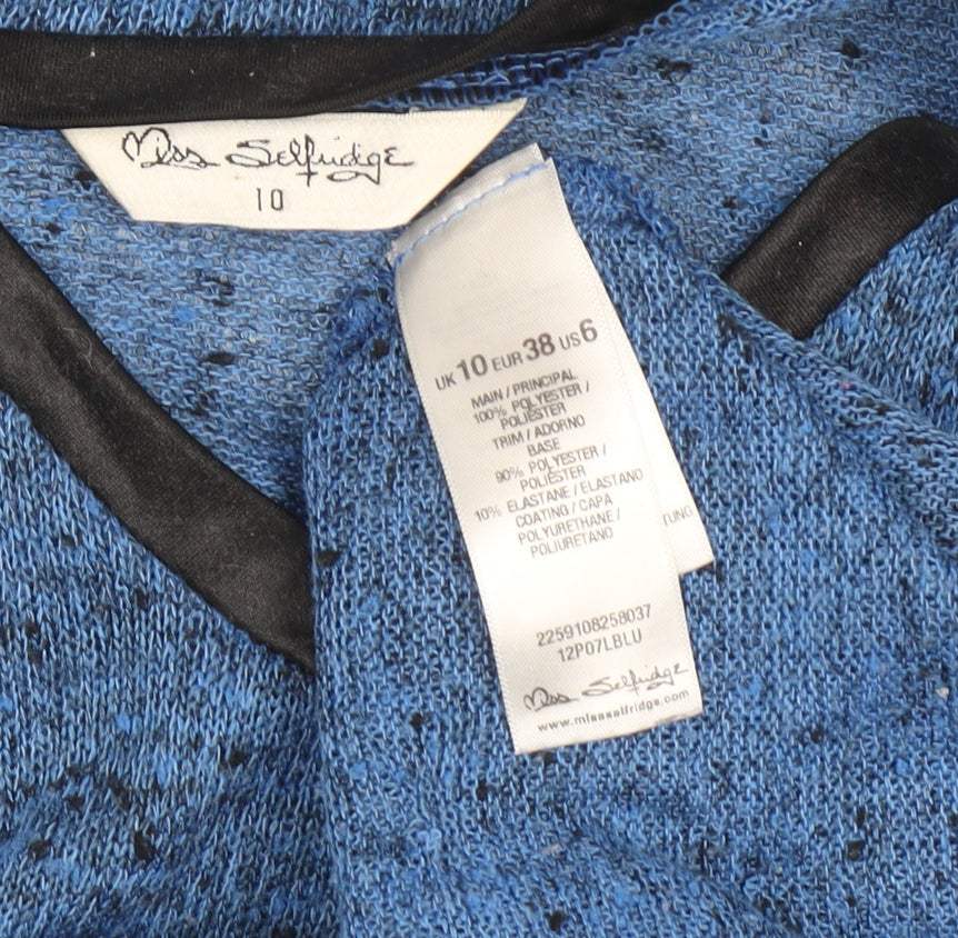 Brand and care label for Miss Selfridge Women Blue V-Neck Long Sleeve Knit jumper, size 10
