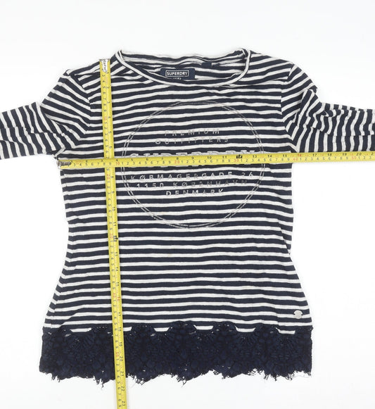 Superdry Women's Blue Striped Lace Hem Long Sleeve T-Shirt Size 10