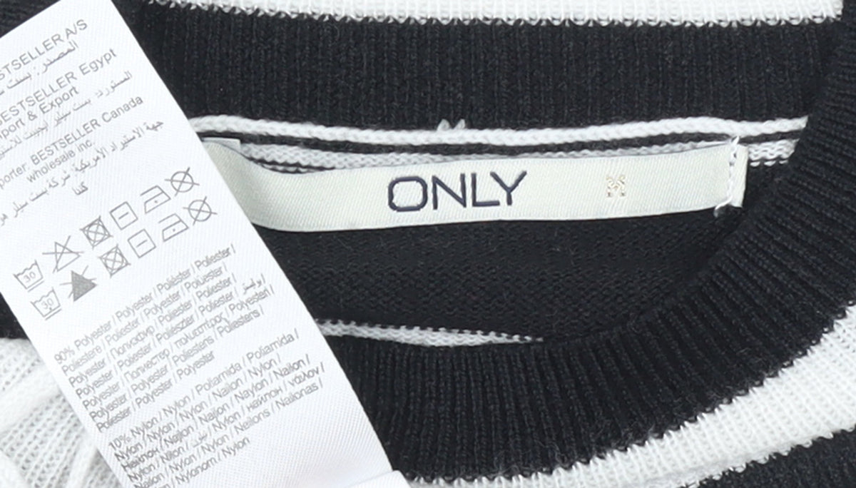 Brand and care label for Only Women’s Black White Striped Knit Sweater Dress, size M