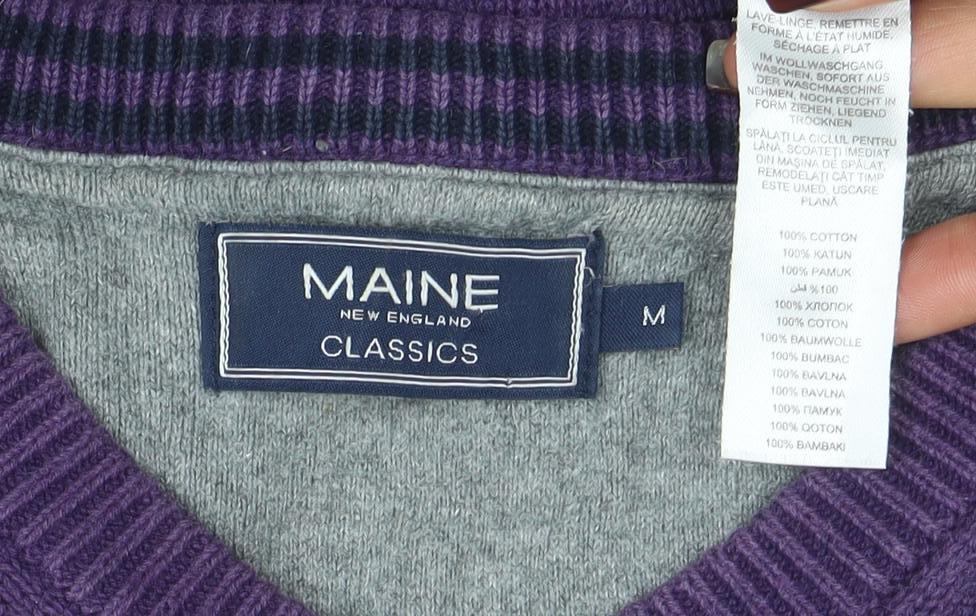 Brand and care label for Maine New England Men's Purple Cotton V-Neck Jumper M