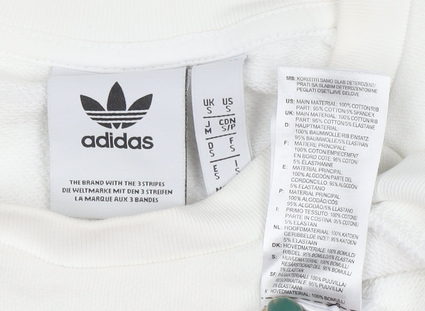 Brand and care label for adidas Men’s White Crew Neck Pullover Sweatshirt, size S, Regular Fit