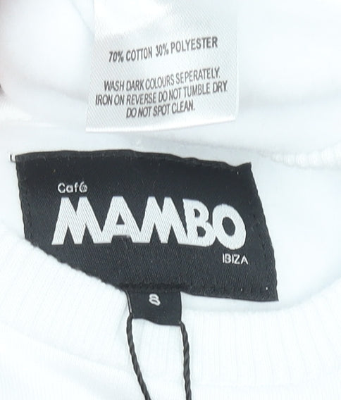 Brand and care label for Cafe Mambo Ibiza girls’ white graphic pullover sweatshirt 8 years