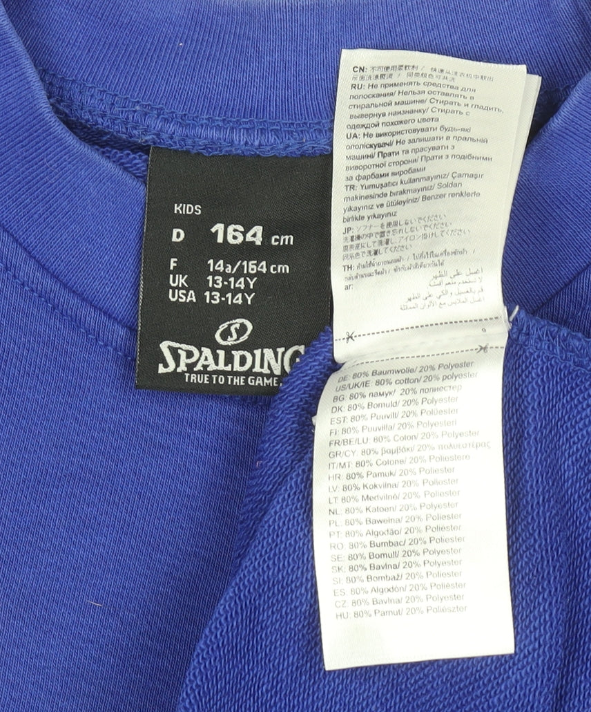 Brand and care label for Spalding boys’ blue crew neck sweatshirt 13-14 years cotton blend