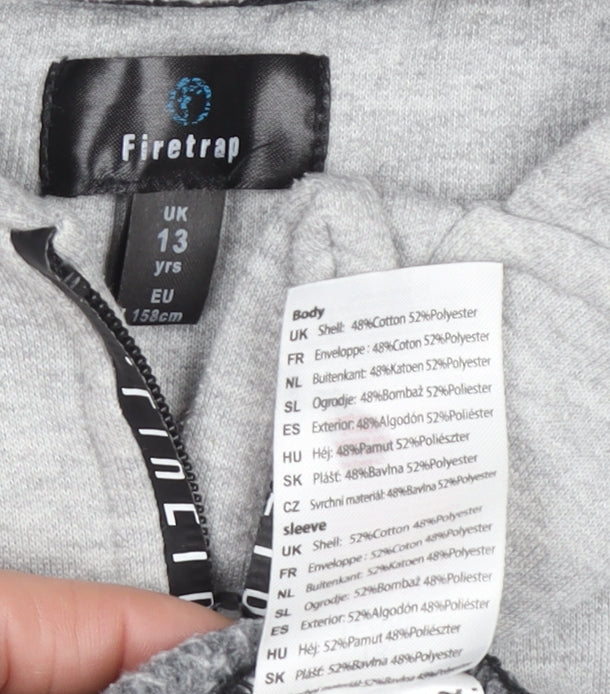 Firetrap Boys Grey Black Full Zip Hoodie 13 Years Cotton Blend