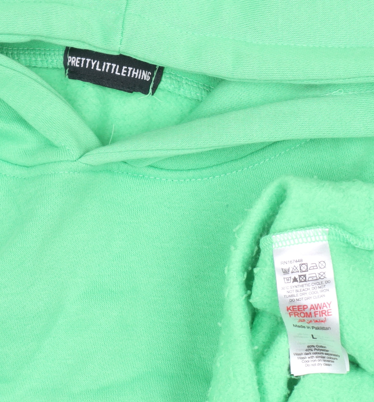 PrettyLittleThing Unisex Green Pullover Hoodie L Relaxed Fit Embroidered