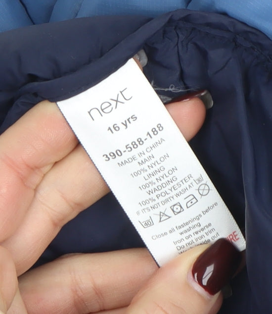 Brand and care label for Next boys’ blue hooded puffer waistcoat 16 years nylon lightweight vest