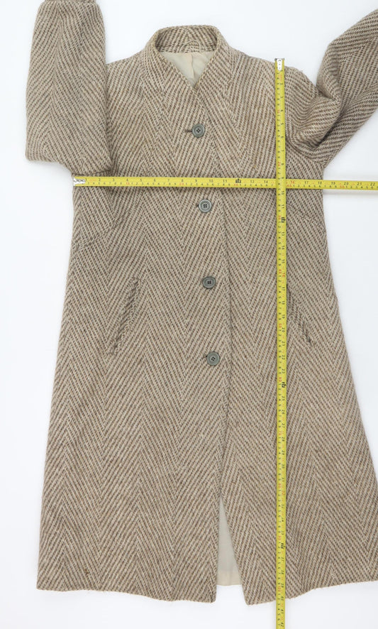 C&A Women Beige Wool Blend Long Overcoat Size 12 Classic Herringbone