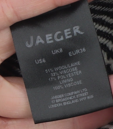 Brand and care label for Jaeger Women's Black Wool Blend Geometric Jacket, size 8